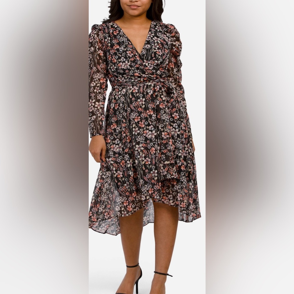 TOMMY HILFIGER Puff Shoulder Fit and‎ Flare Chiffon Midi Dress